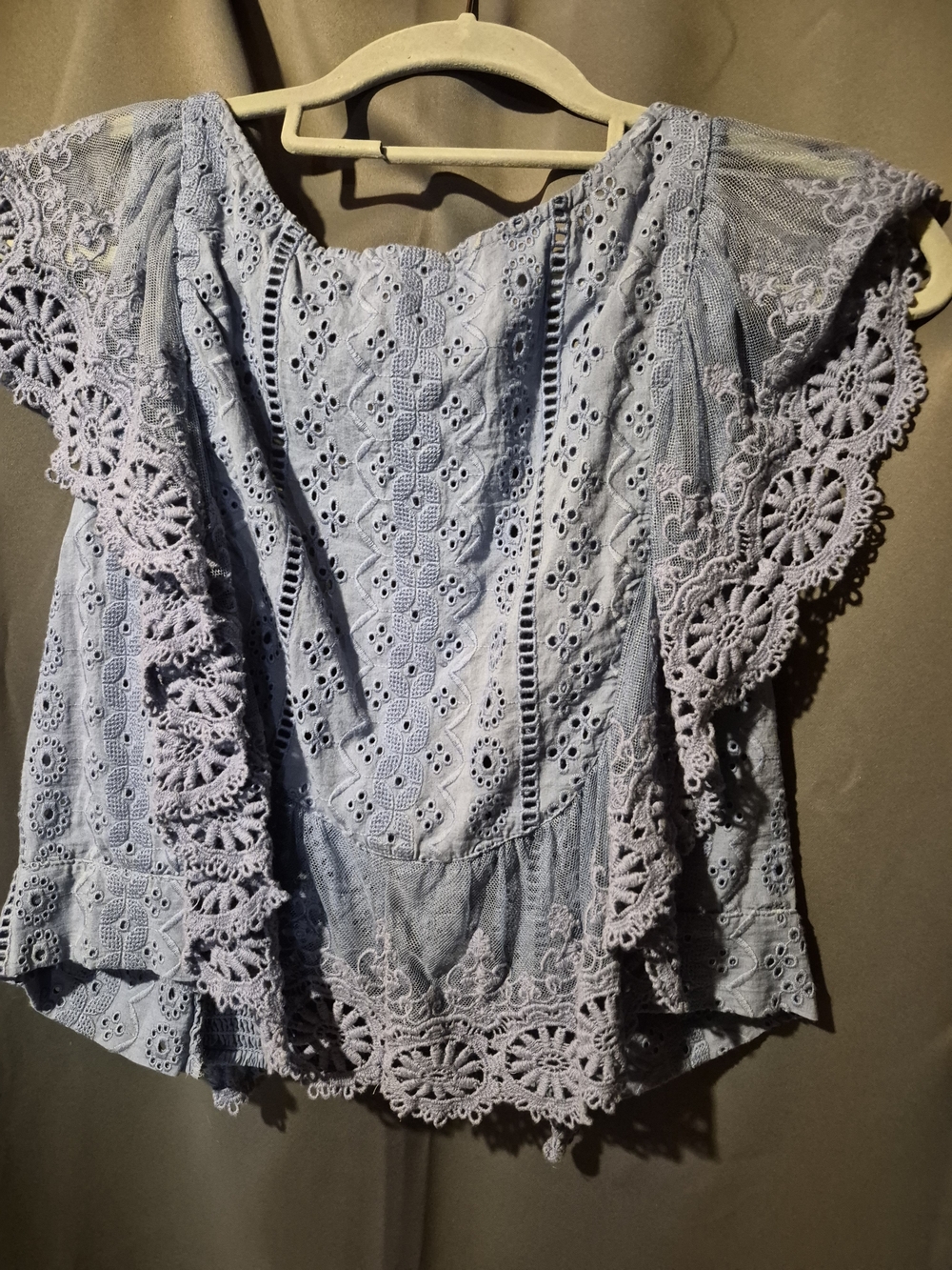 Free People Light Blue Eyelet Lace Flutter Sleeve Blouse